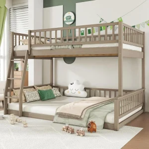 Queen Size Floor Bunk Beds with Inclined Ladder